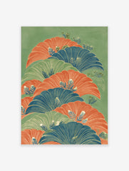 Illustrative botanical wall art with layered fan-like leaves in orange, blue, and green on a green background