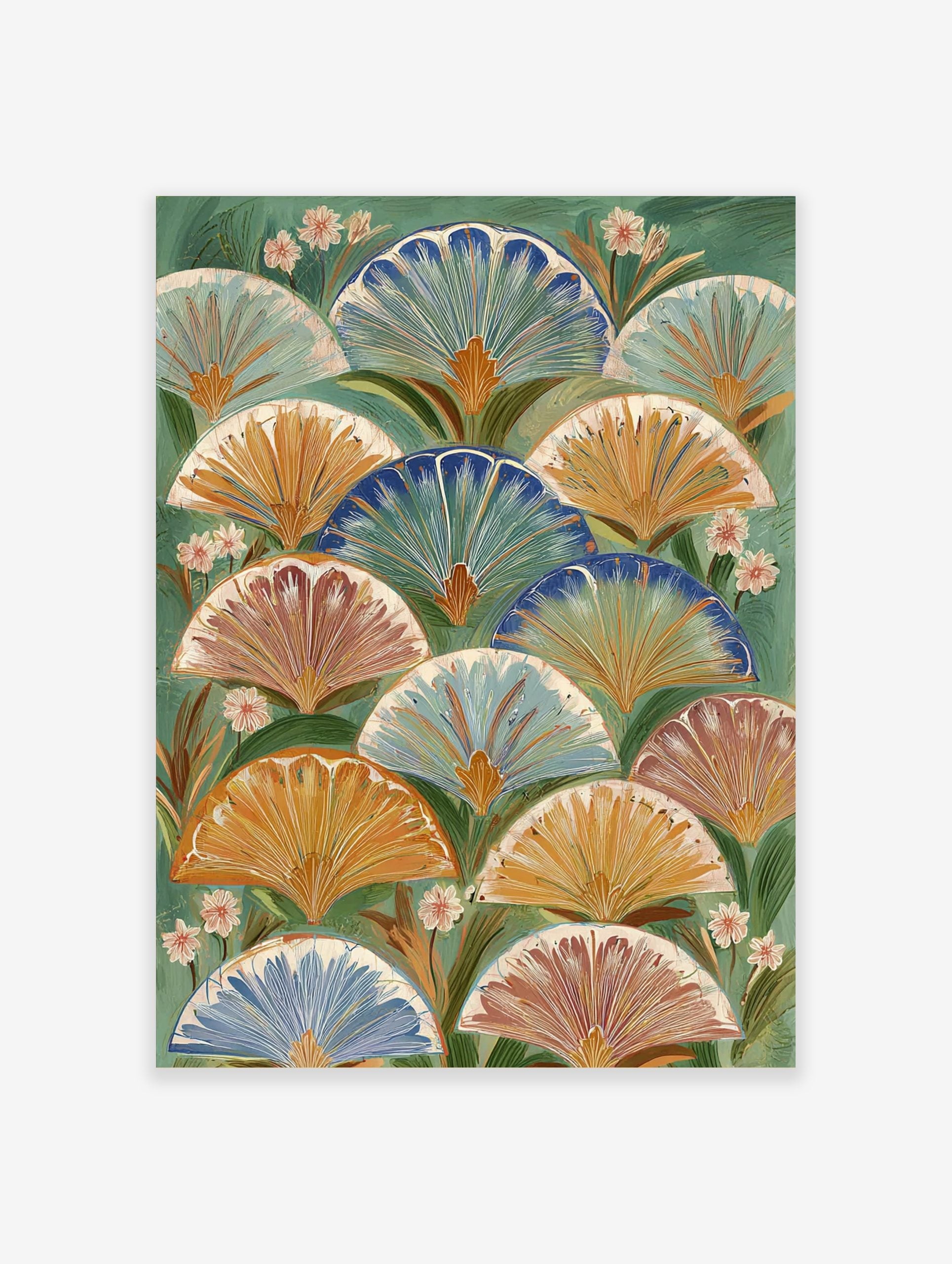Botanical fan pattern wall art with layered blue, orange, and terracotta fan shapes on a green background