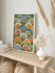 Botanical fan pattern wall art with layered blue, orange, and terracotta fan shapes on a, in an alternate framed mockup