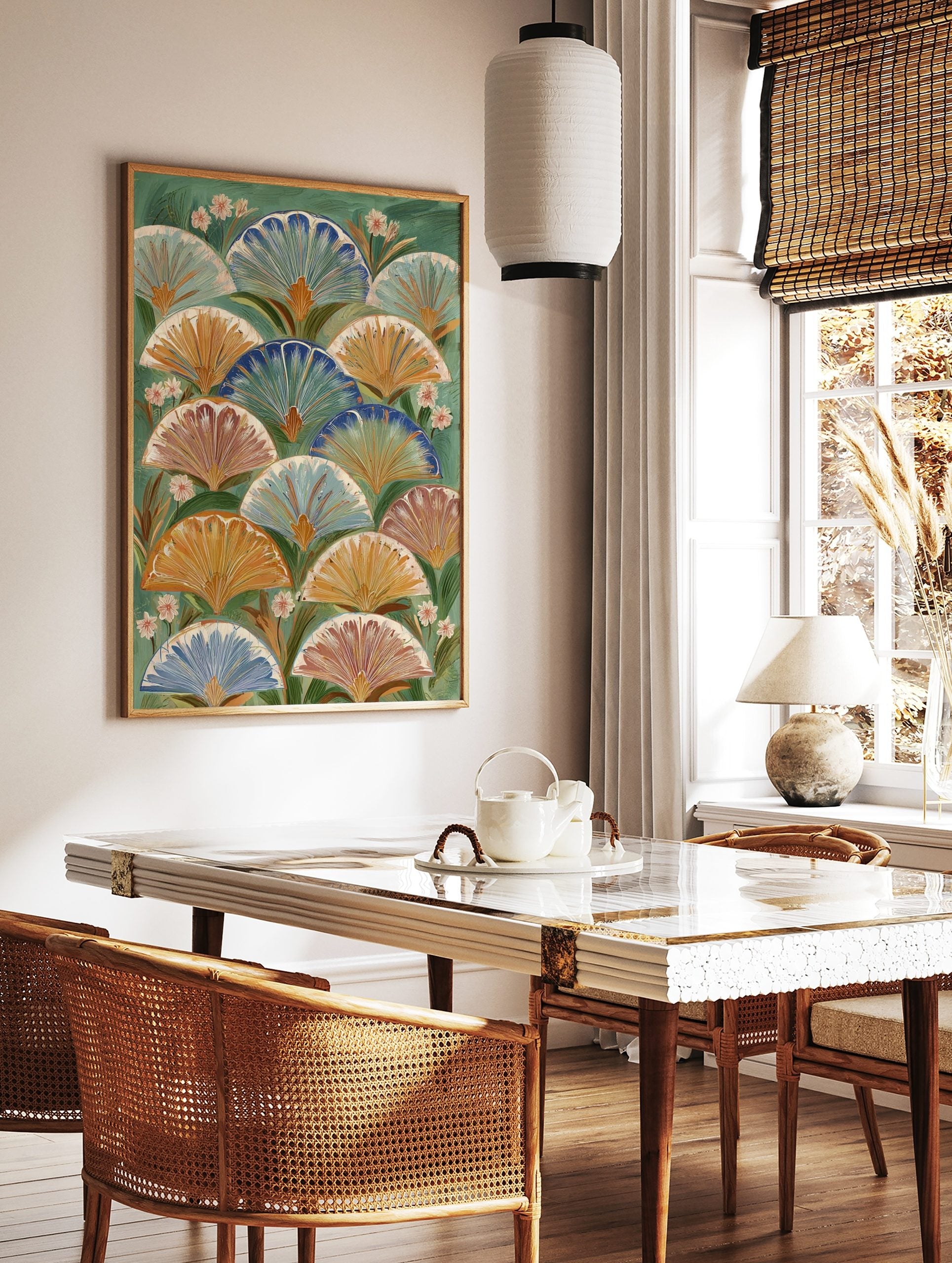 Botanical fan pattern wall art with layered blue, orange, and terracotta fan shapes on a green, in a styled room mockup