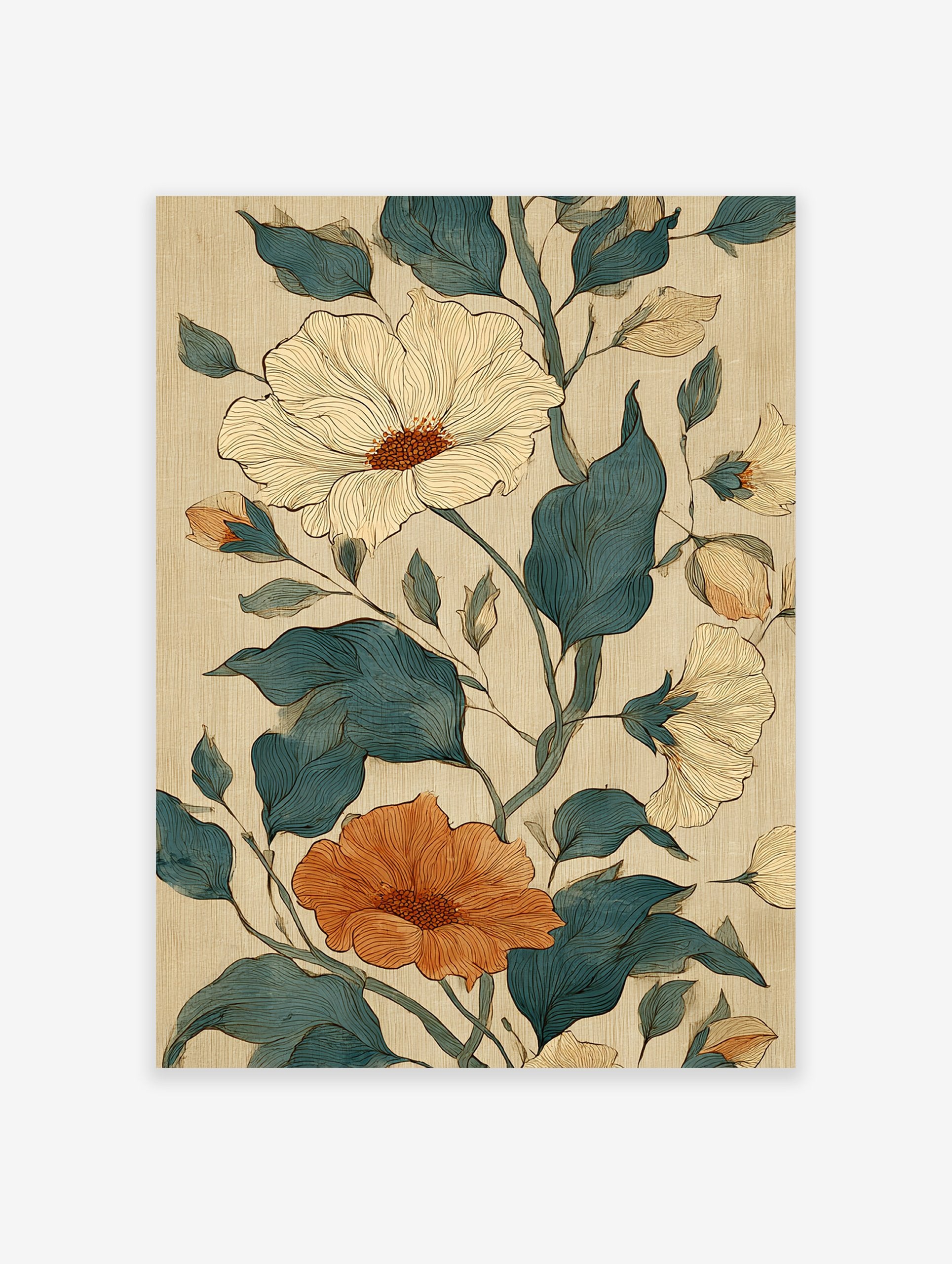 Botanical floral poster featuring teal leaves, a large cream flower, and an orange flower with detailed line work.