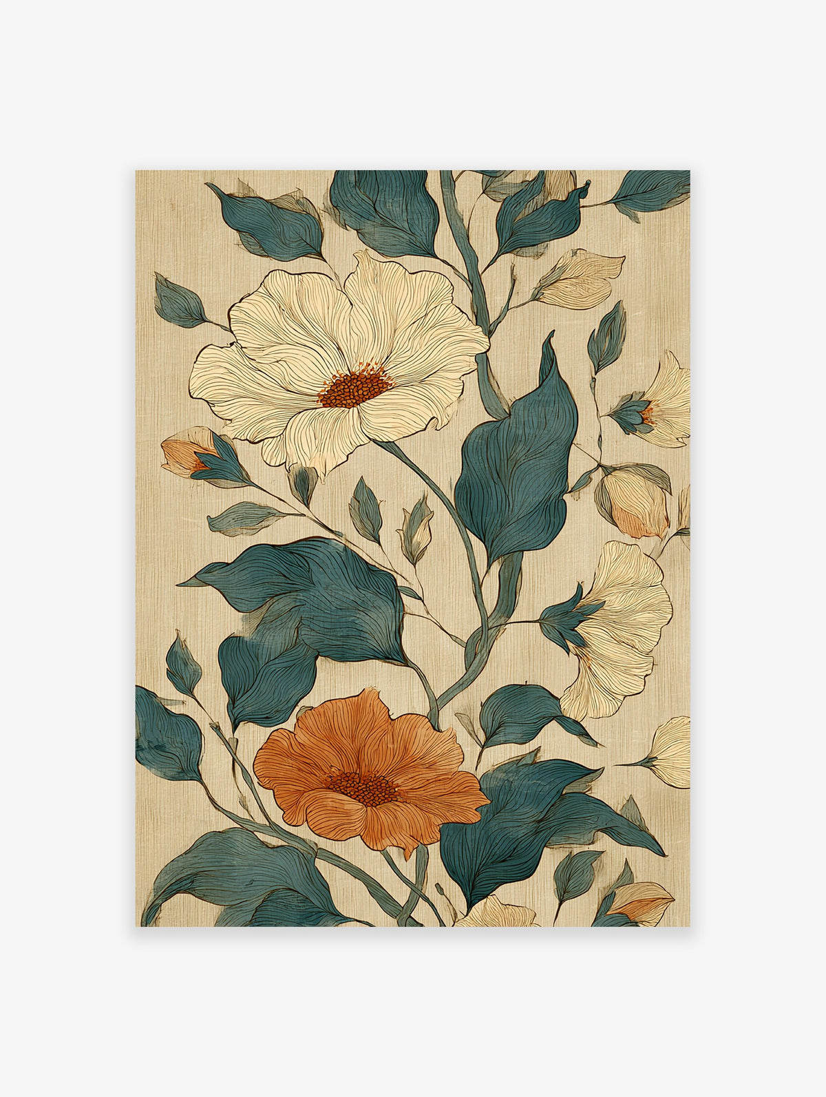 Botanical floral poster featuring teal leaves, a large cream flower, and an orange flower with detailed line work.