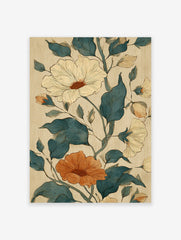 Botanical floral poster featuring teal leaves, a large cream flower, and an orange flower with detailed line work.