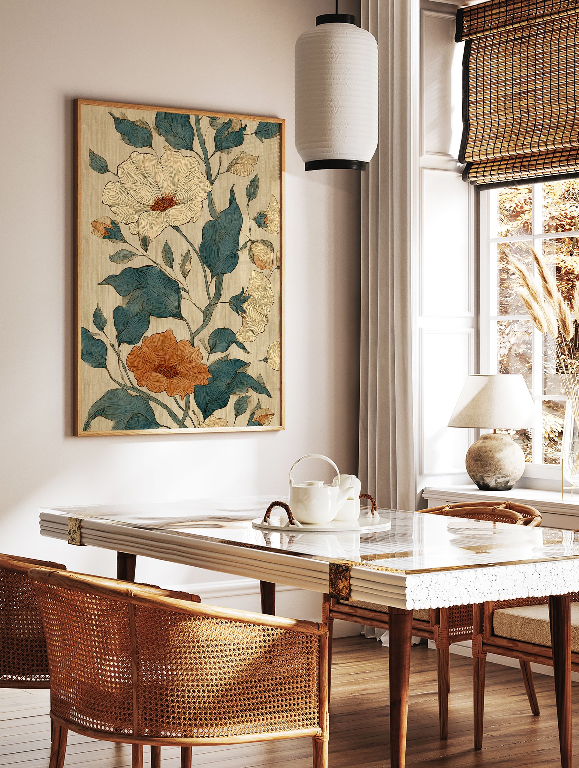 Botanical floral poster featuring teal leaves, a large cream flower, and an orange flower with detailed line work. - Image 2