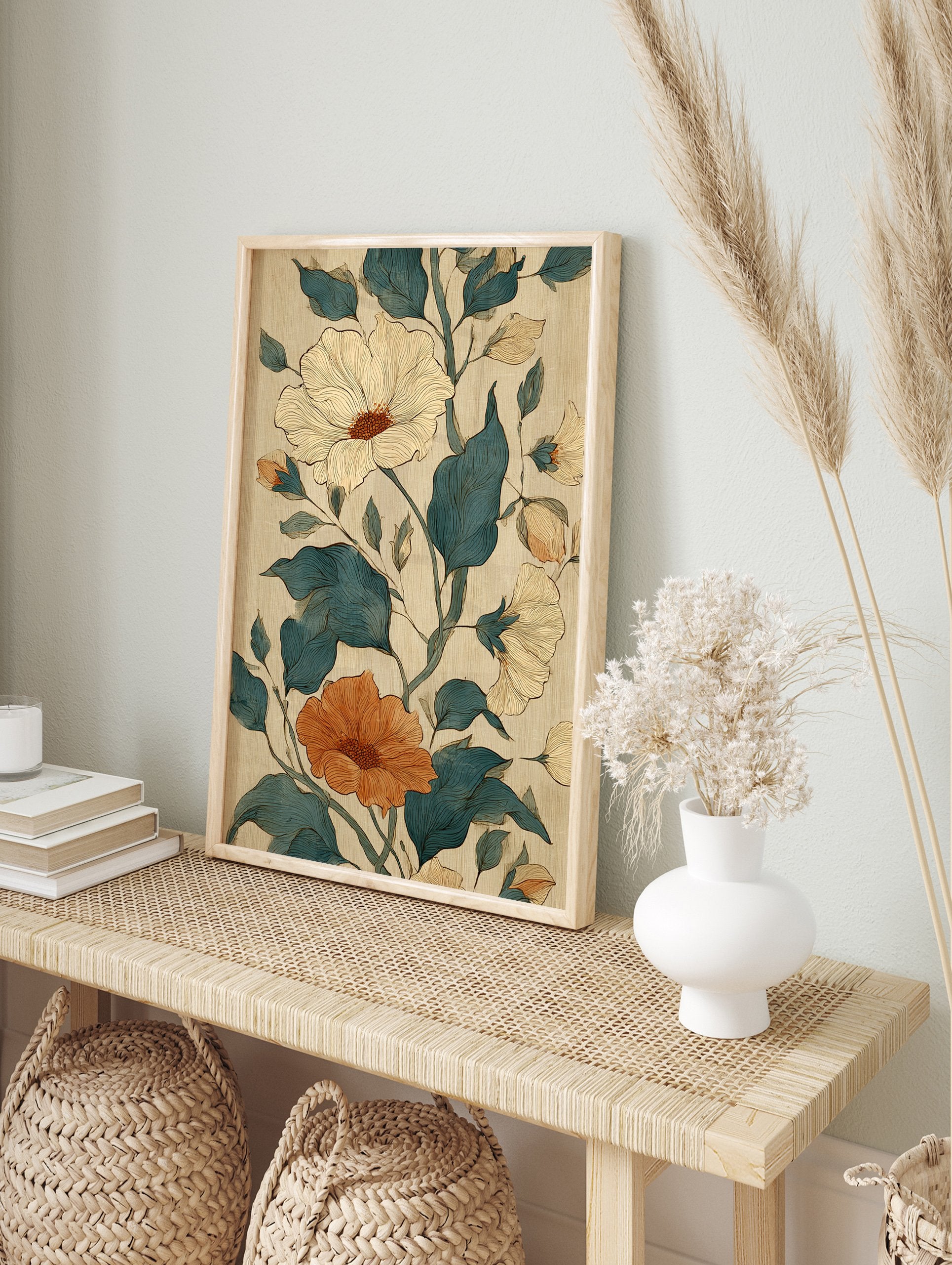 Botanical floral poster featuring teal leaves, a large cream flower, and an orange flower with detailed line work. - Image 4