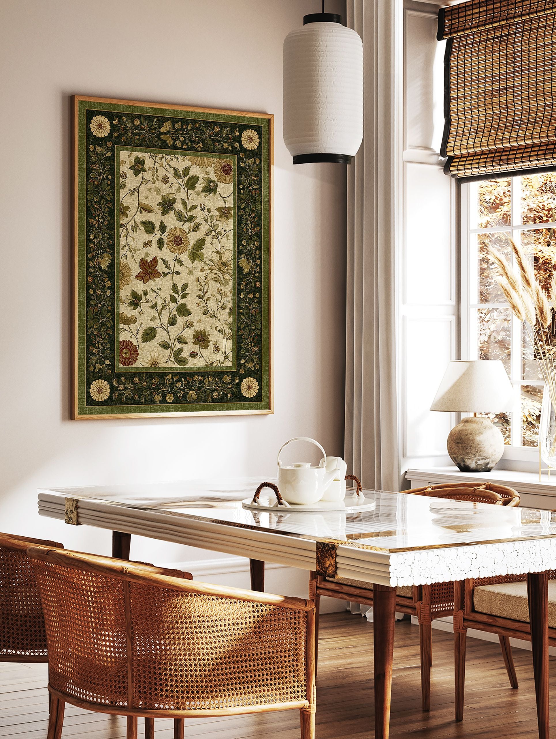 Traditional green and beige botanical floral area rug with intricate vine and flower patterns and a solid green border. - Image 2