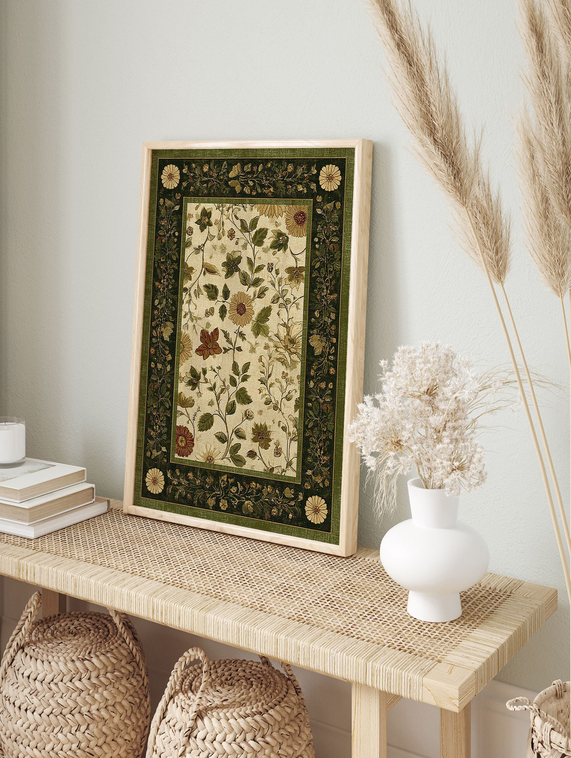 Traditional green and beige botanical floral area rug with intricate vine and flower patterns and a solid green border. - Image 3