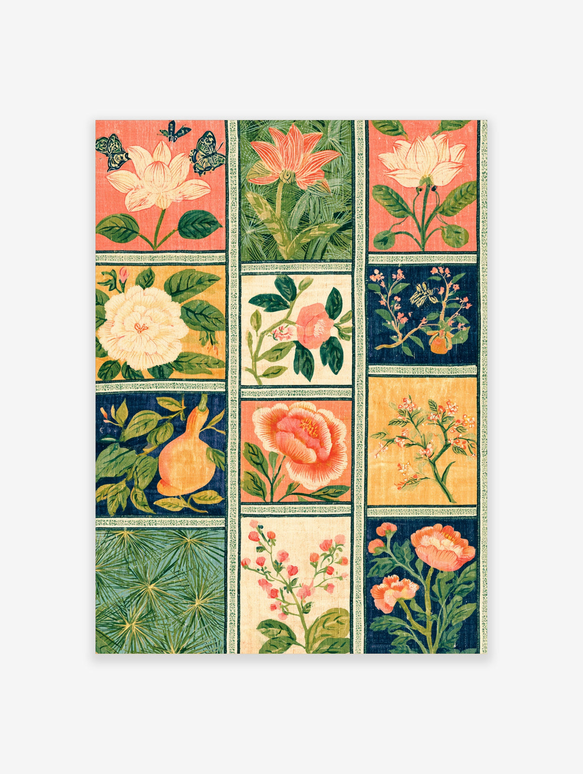 Vintage botanical poster with floral panels, butterflies, and a gourd on coral, green, and navy backgrounds