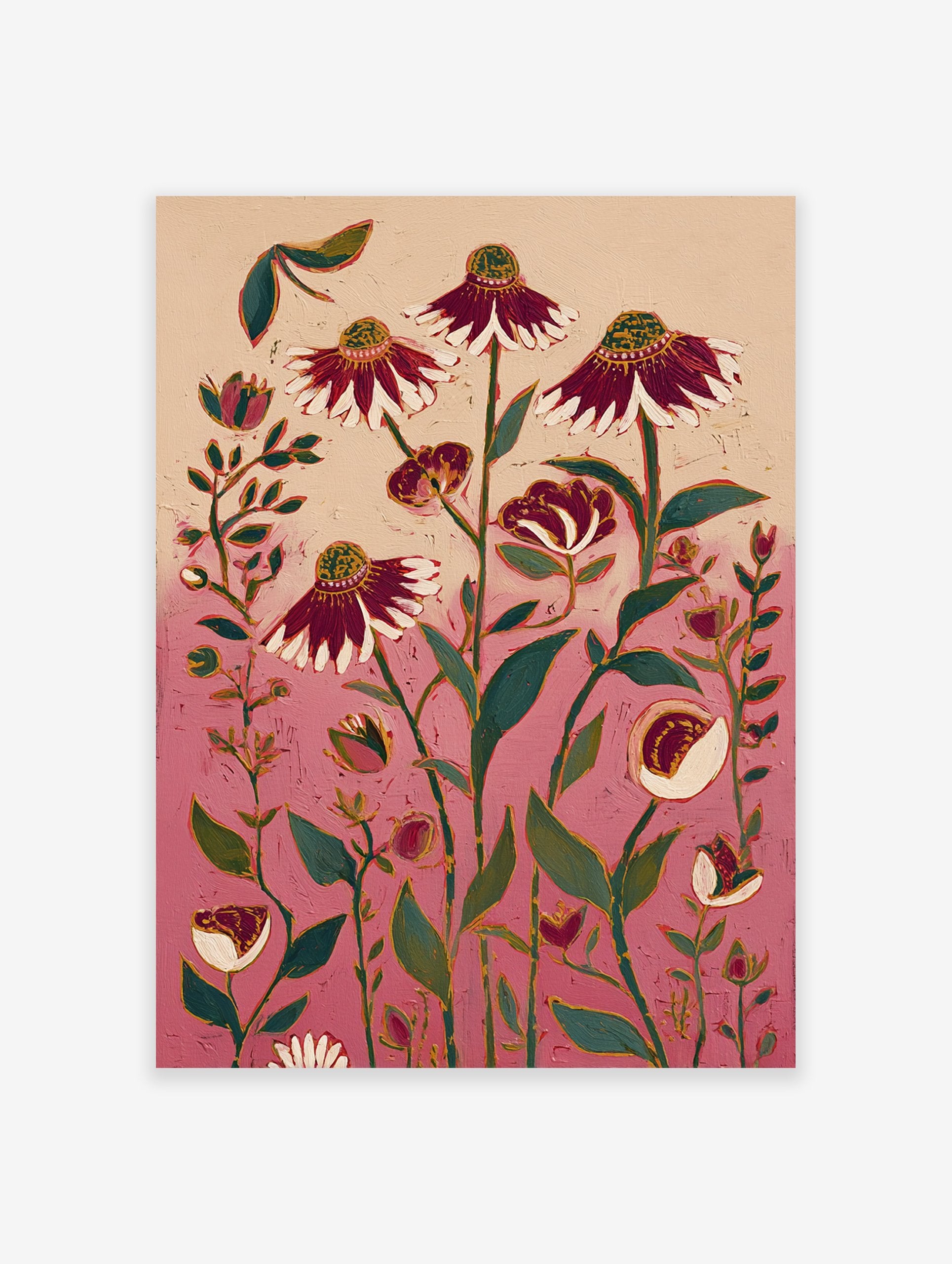 Vibrant pink and red botanical flower art print featuring stylized coneflowers and green leaves on a textured background.
