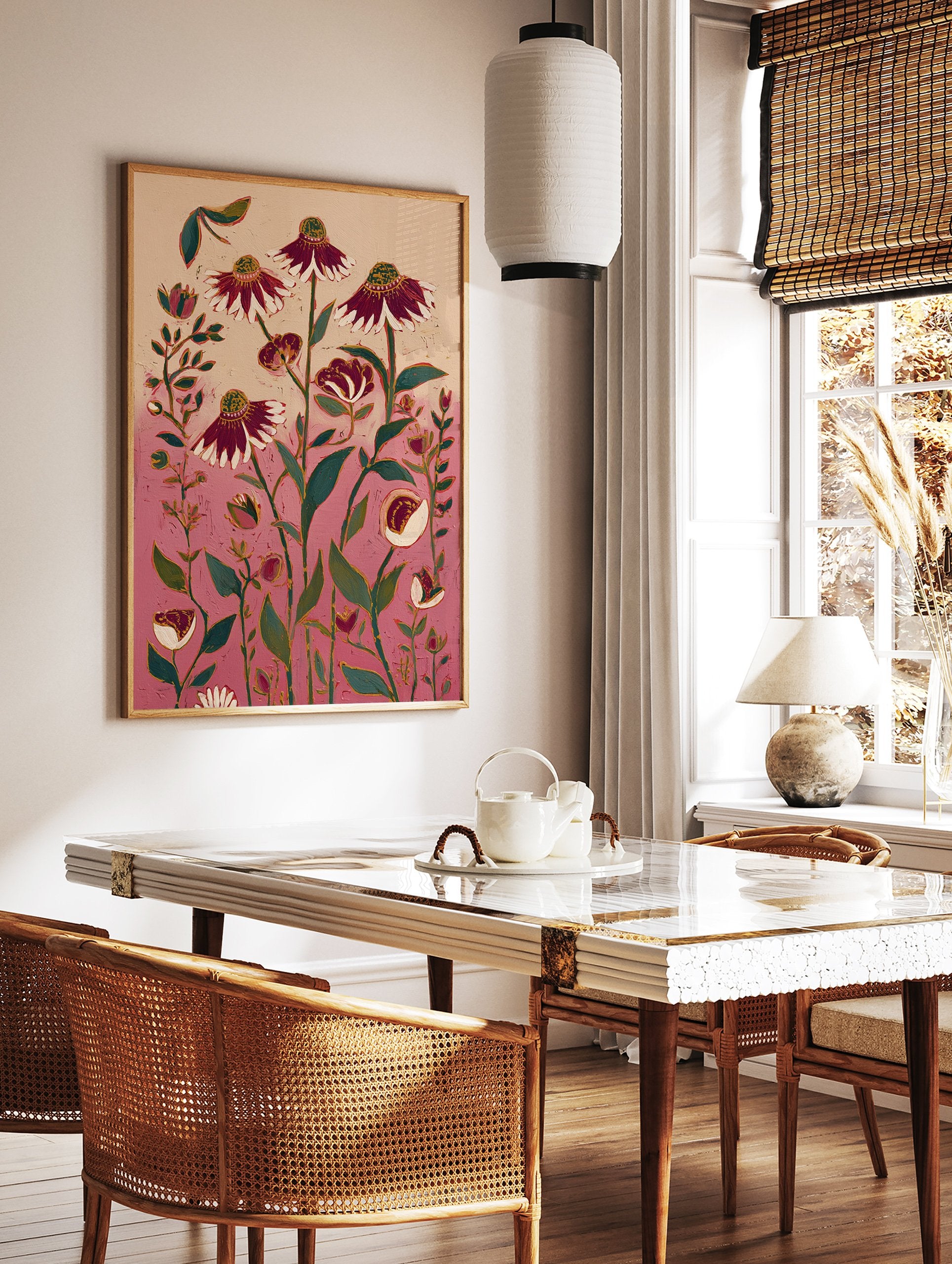 Vibrant pink and red botanical flower art print featuring stylized coneflowers and green leaves on a textured background. - Image 2