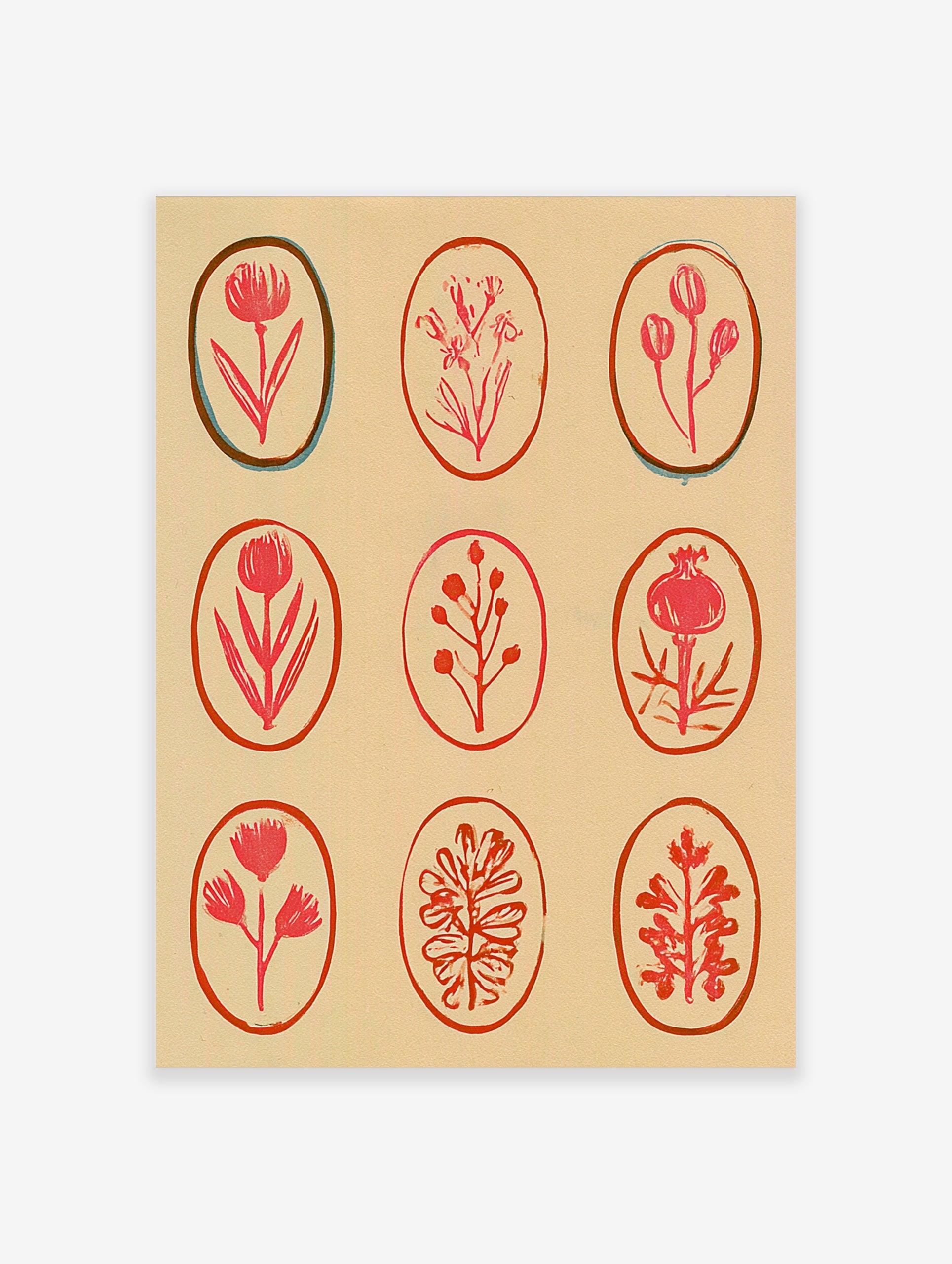 Grid of nine pink botanical flower and plant illustrations within oval frames on a tan background