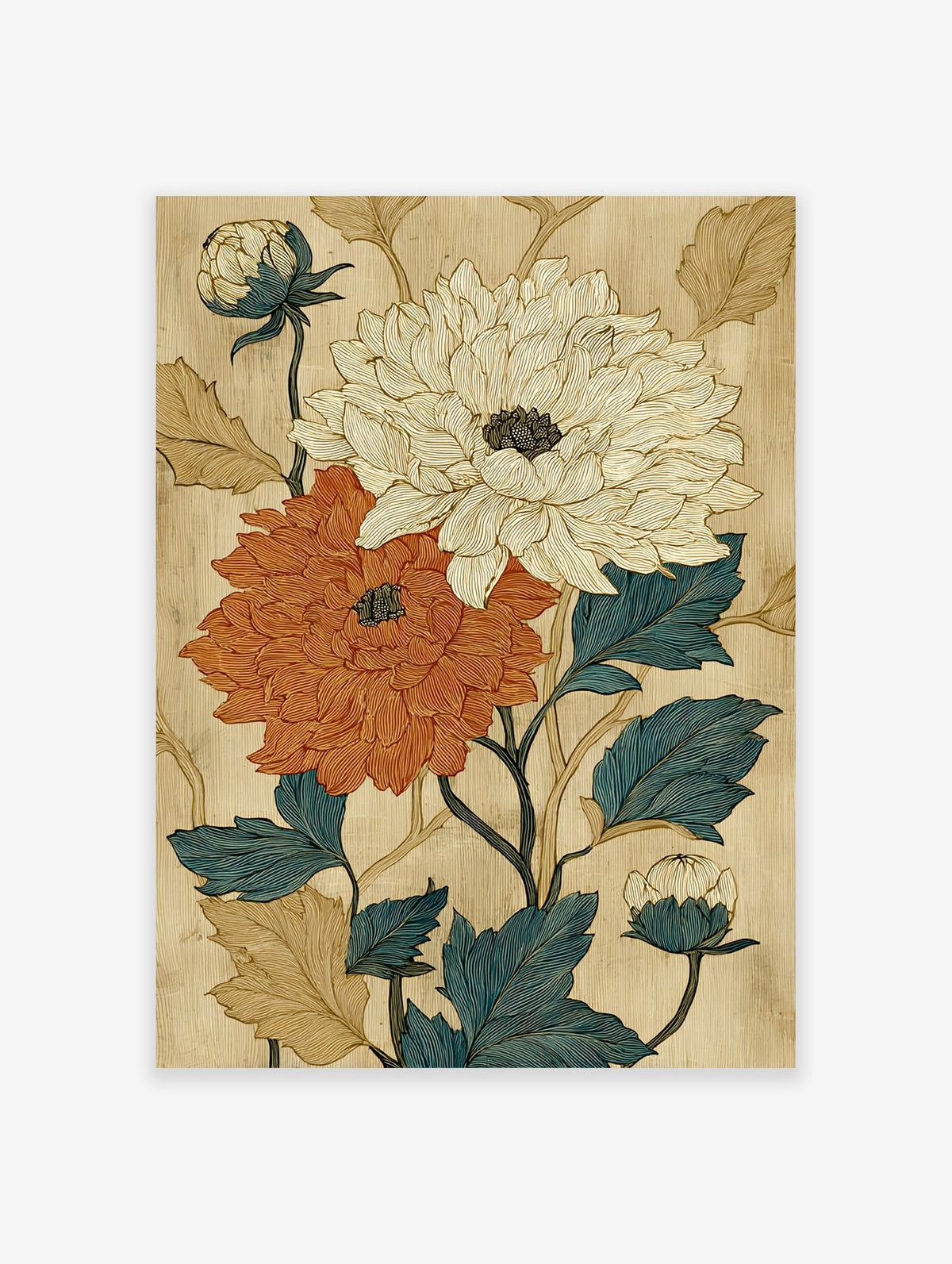 Vintage botanical flower poster featuring stylized orange and cream peonies with blue and gold leaves on a textured beige background.