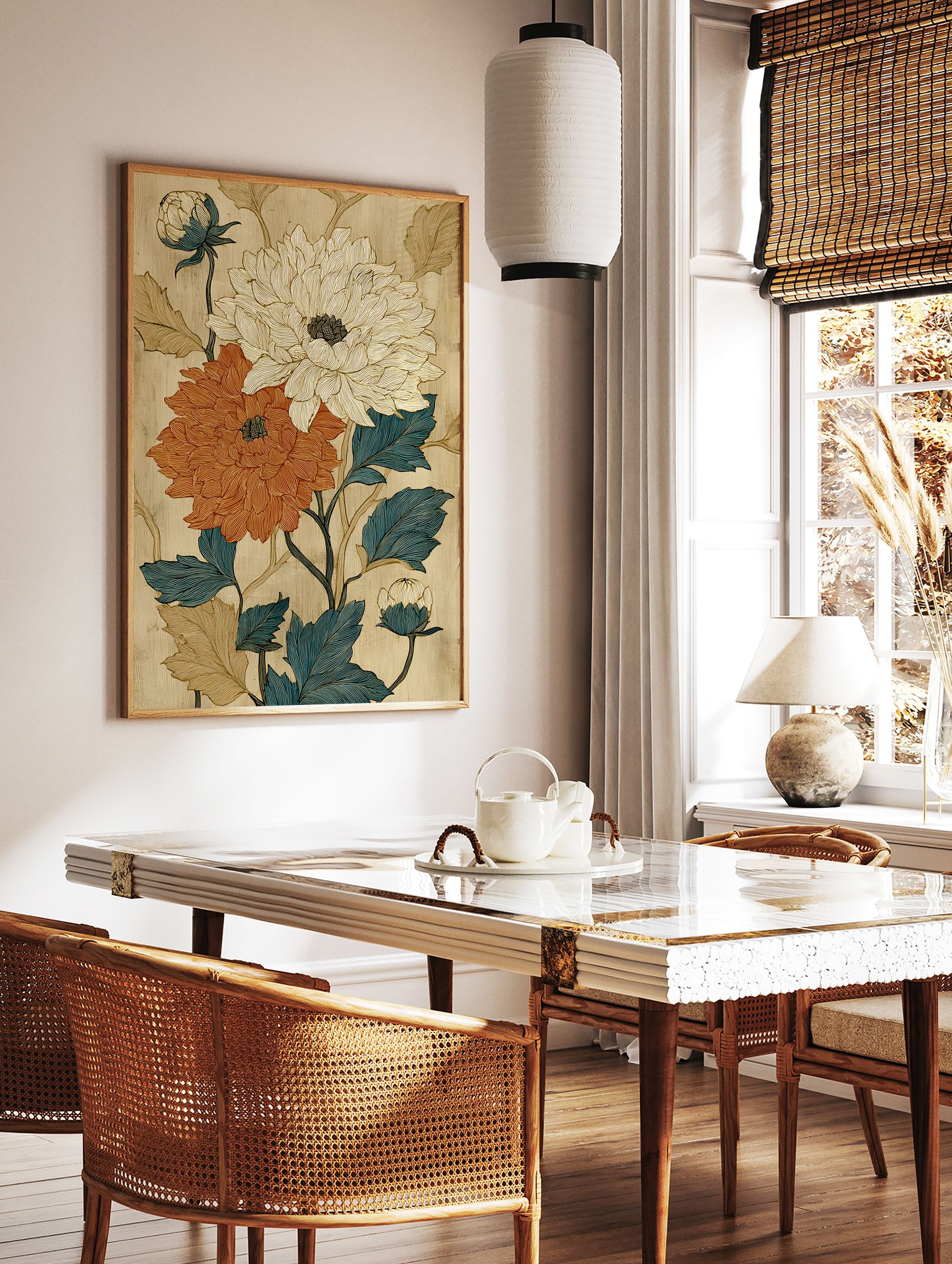 Vintage botanical flower poster featuring stylized orange and cream peonies with blue and gold leaves on a textured beige background. - Image 2
