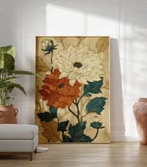 Vintage botanical flower poster featuring stylized orange and cream peonies with blue and gold leaves on a textured beige background. - Image 3