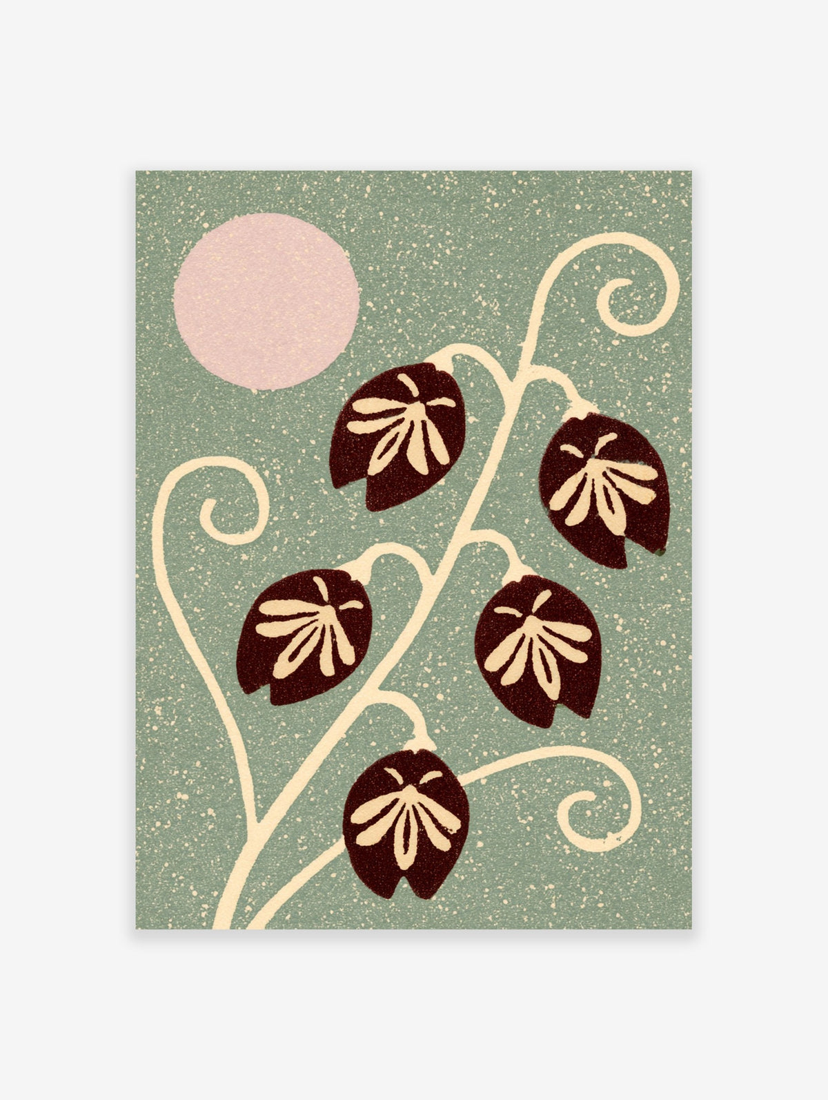 Botanical flower print with dark brown stylized petals and curved stems on a textured sage green background with a pink