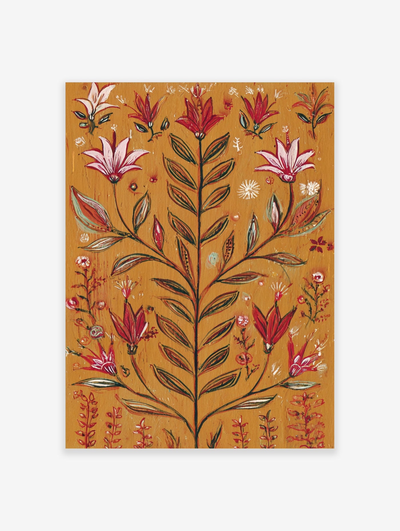 Red and pink botanical flowers with green leaves on ochre background, vintage style wall art print