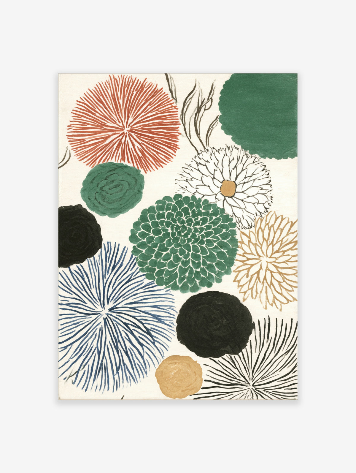 Abstract botanical flower art print with rust, green, navy and black blooms on cream background