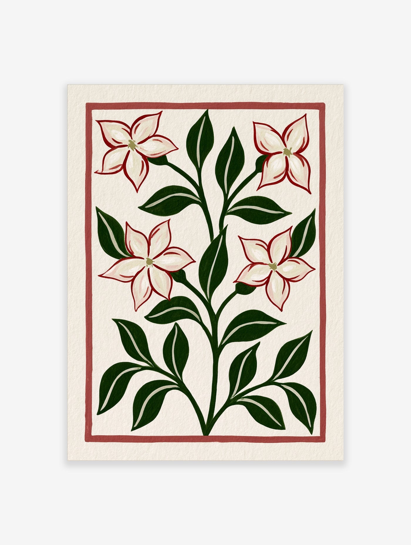Botanical flower wall art with cream petals, reddish outlines, and green leaves on a cream background