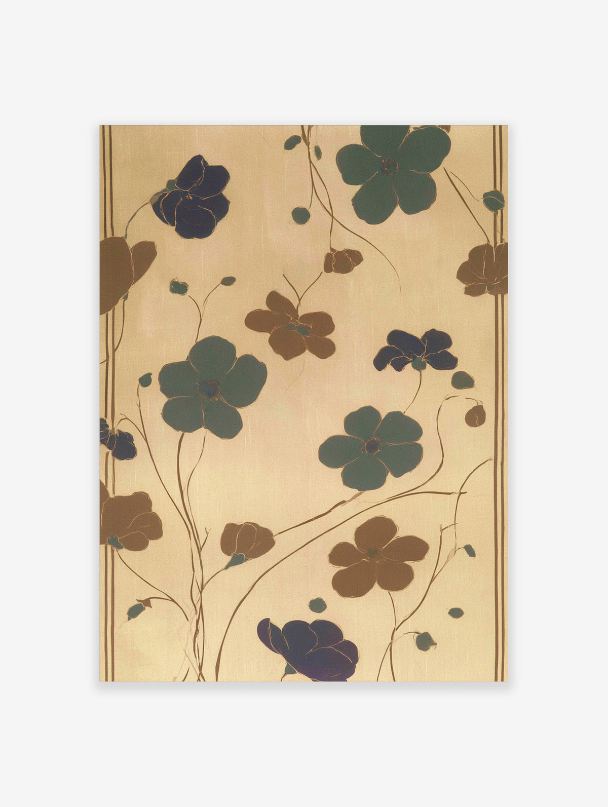 Botanical flower art print with green, navy, and brown blooms on beige background