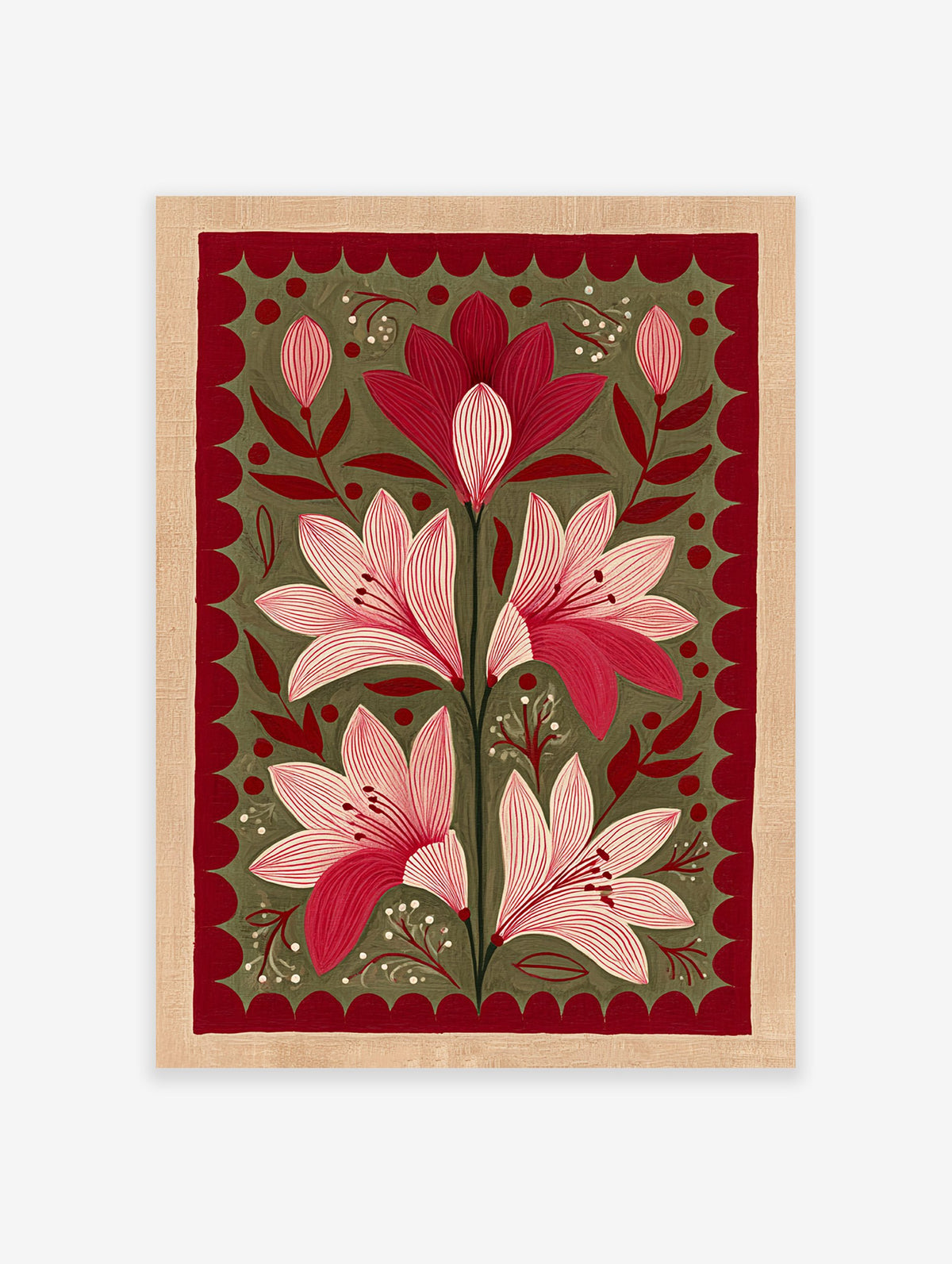 Red and pink botanical flower illustration wall art with green background and maroon scalloped border, folk art style.