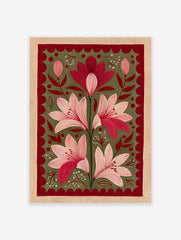 Red and pink botanical flower illustration wall art with green background and maroon scalloped border, folk art style.