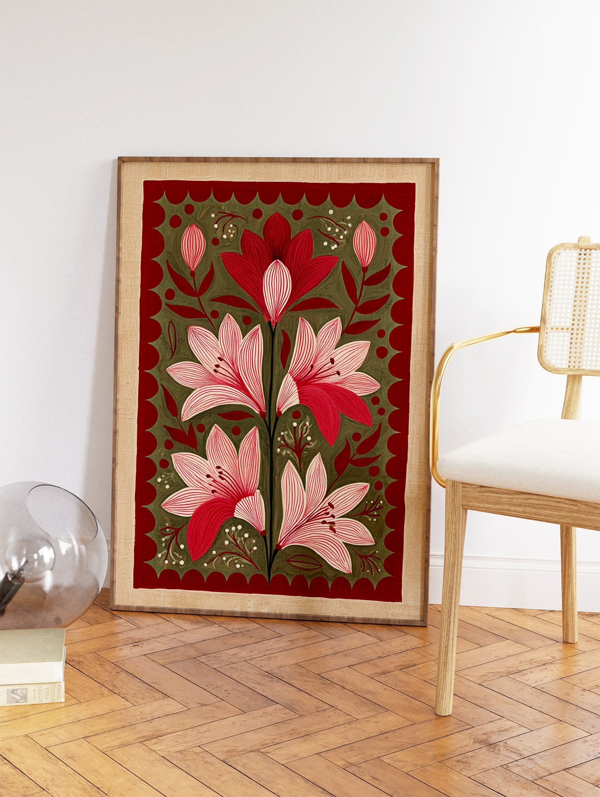Red and pink botanical flower illustration wall art with green background and maroon scalloped border, folk art style. - Image 2