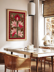 Red and pink botanical flower illustration wall art with green background and maroon scalloped border, folk art style. - Image 3