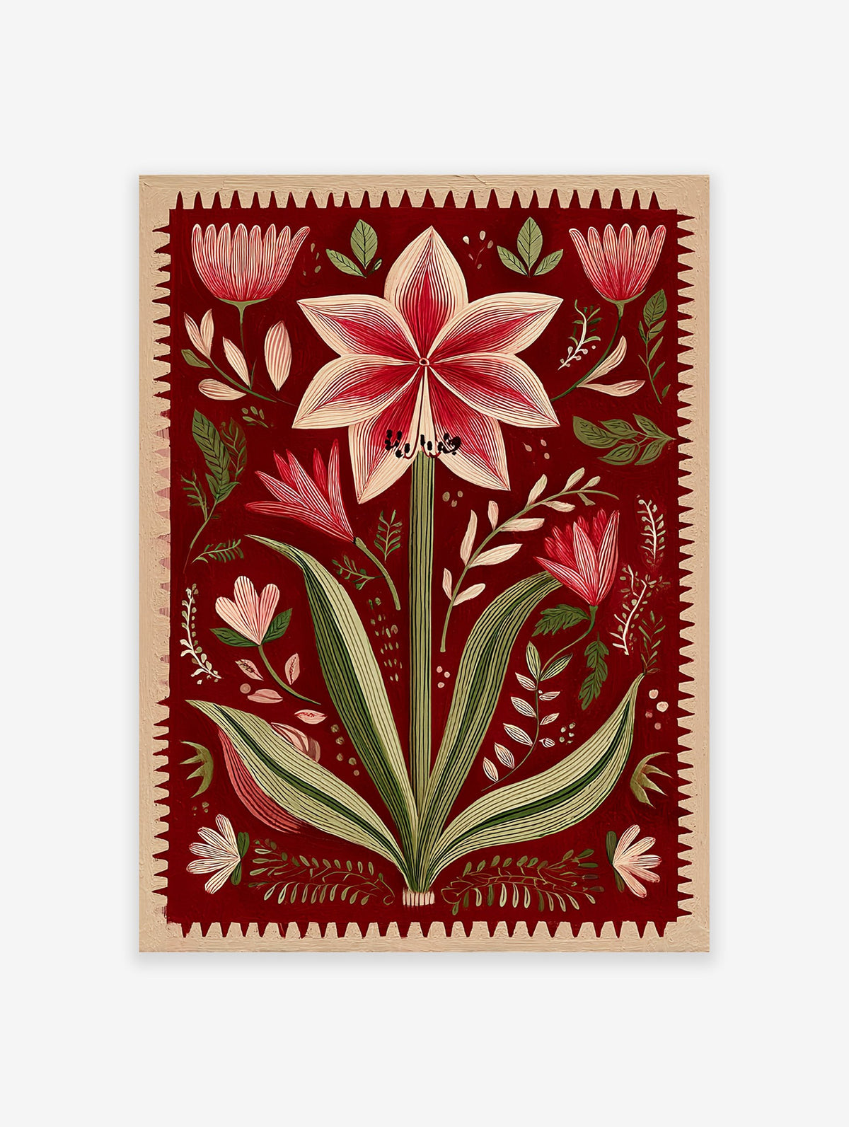 Red botanical wall art print featuring a detailed Amaryllis flower illustration with green leaves and a decorative border.