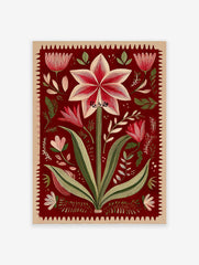 Red botanical wall art print featuring a detailed Amaryllis flower illustration with green leaves and a decorative border.