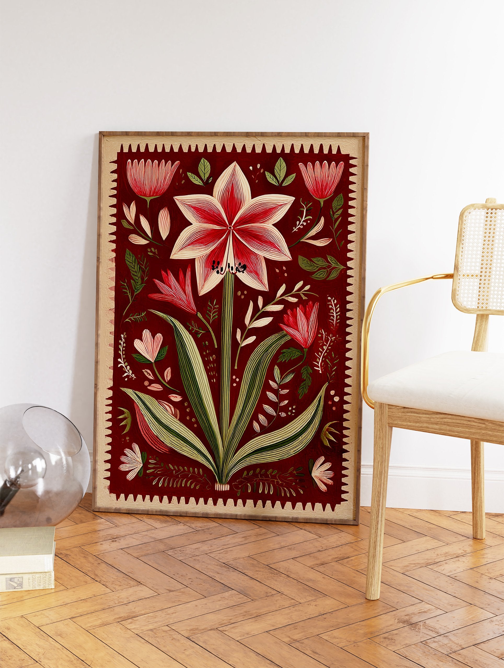 Red botanical wall art print featuring a detailed Amaryllis flower illustration with green leaves and a decorative border. - Image 2