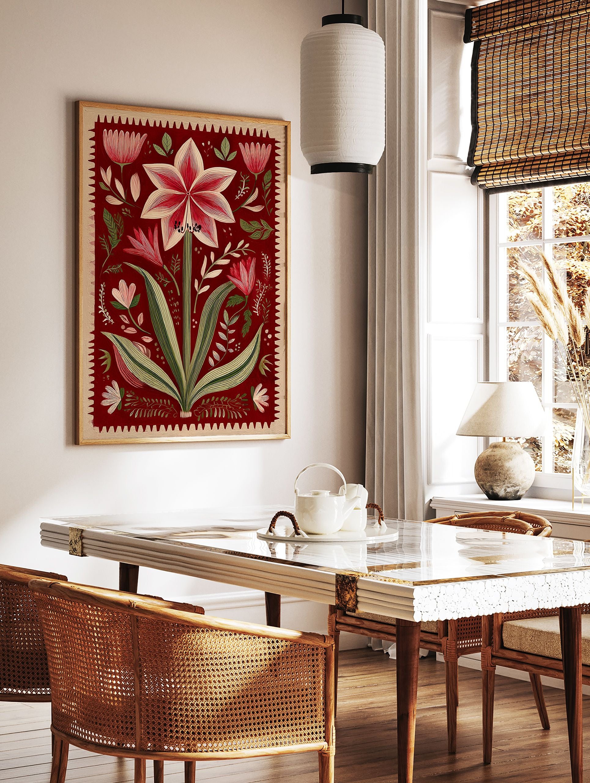 Red botanical wall art print featuring a detailed Amaryllis flower illustration with green leaves and a decorative border. - Image 3