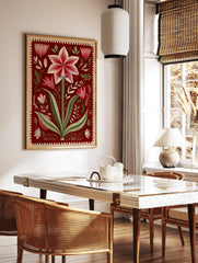 Red botanical wall art print featuring a detailed Amaryllis flower illustration with green leaves and a decorative border. - Image 3