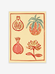 Botanical wall art illustration featuring a pineapple, pomegranate halves, and a flower in red and green hues