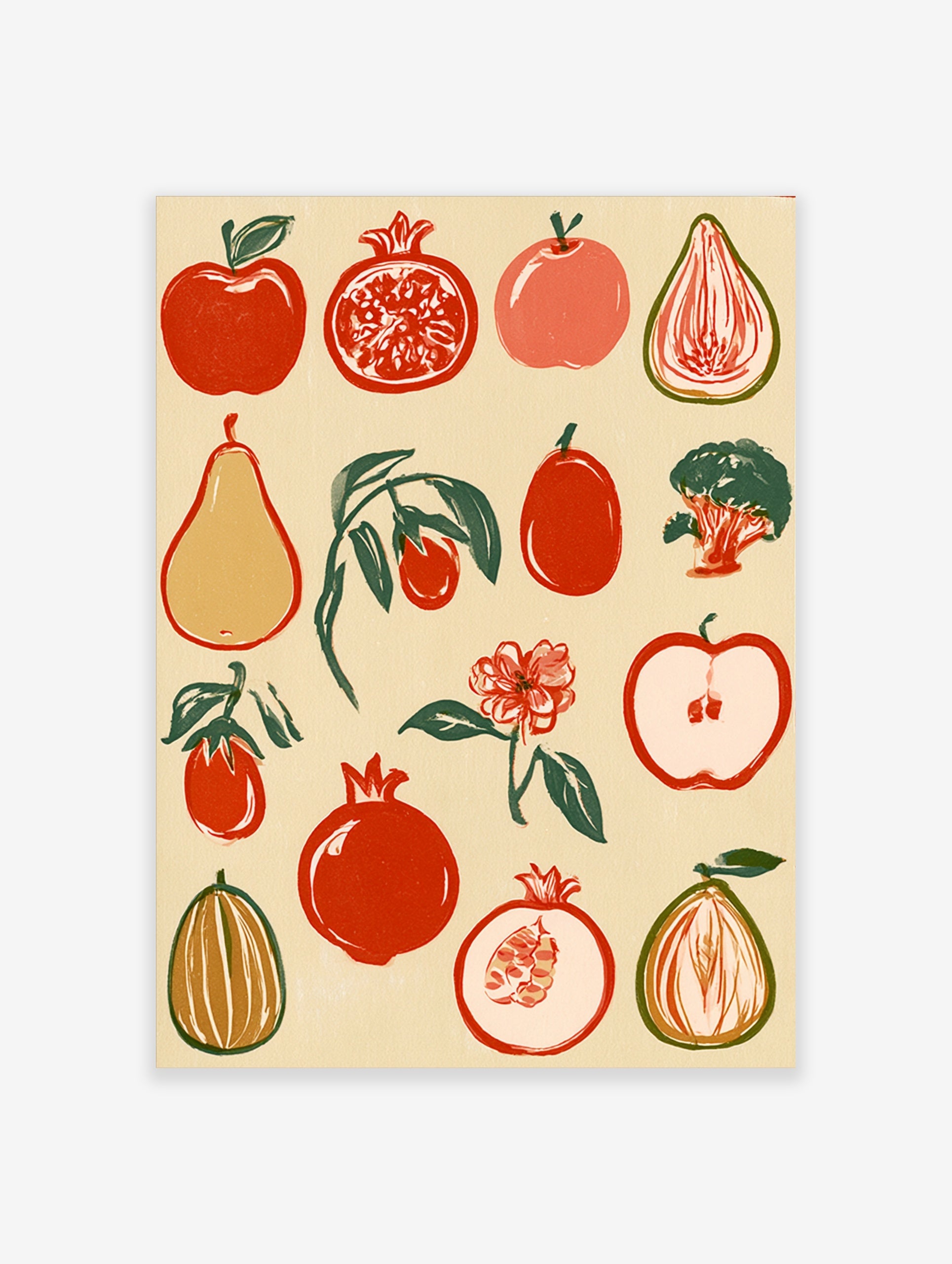 Botanical fruit illustration with red pomegranates, apples, and pears in a retro block-print style on a beige background