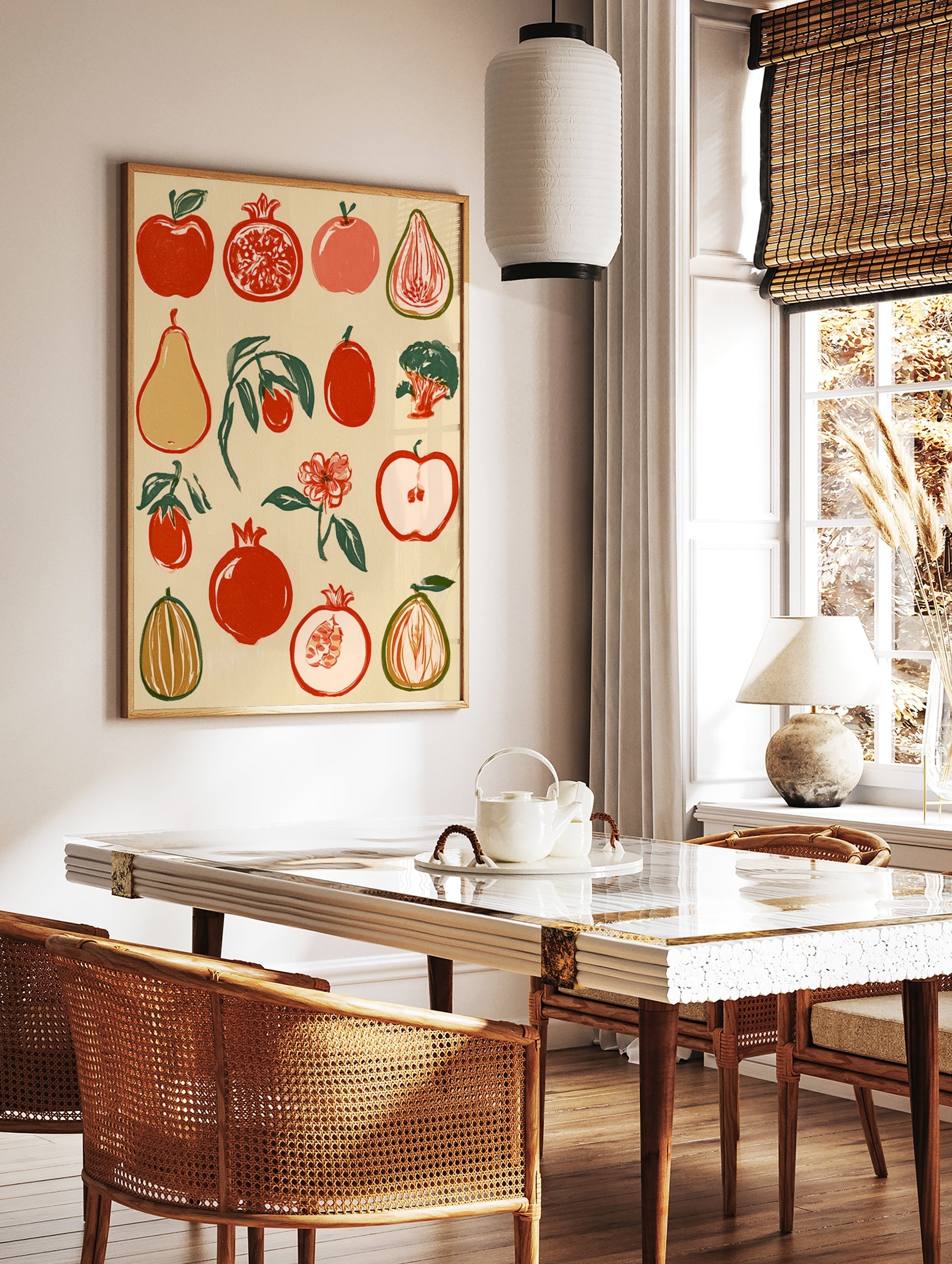 Botanical fruit illustration with red pomegranates, apples, and pears in a retro block-print style, in a styled room mockup