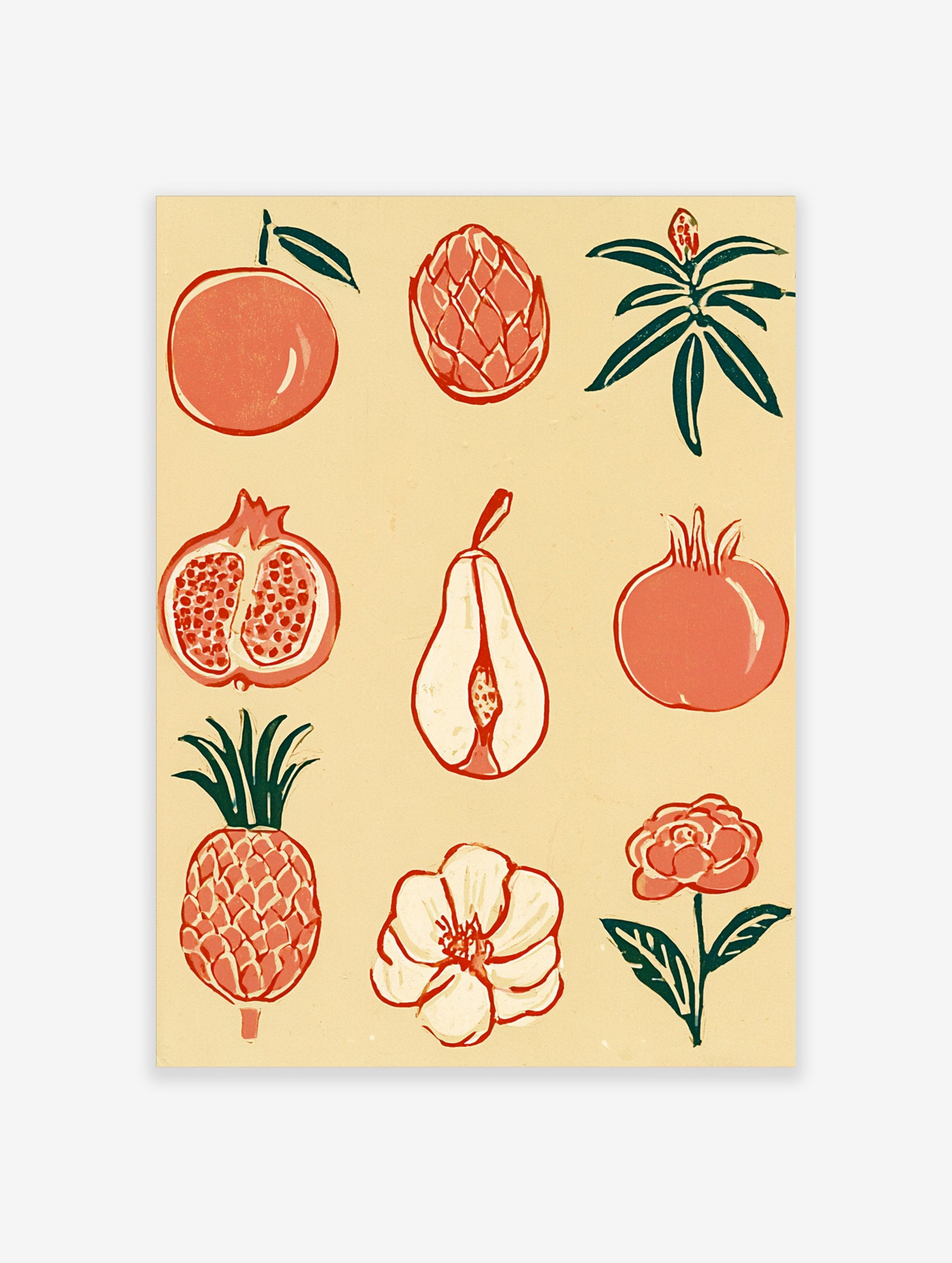 Botanical fruit and flower grid illustration with pomegranates and pineapples in orange and green on a cream background