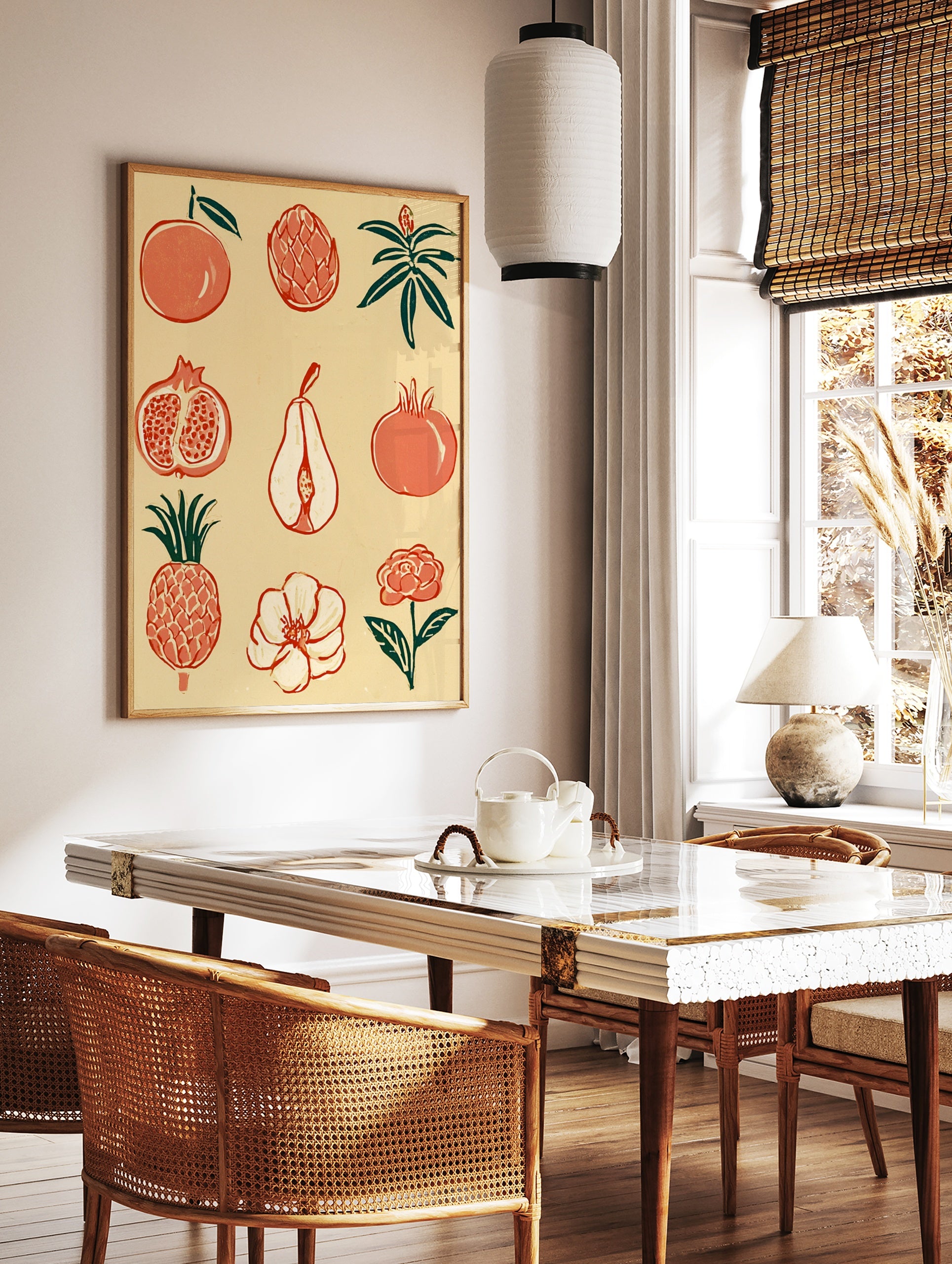 Botanical fruit and flower grid illustration with pomegranates and pineapples in orange and green, in a styled room mockup