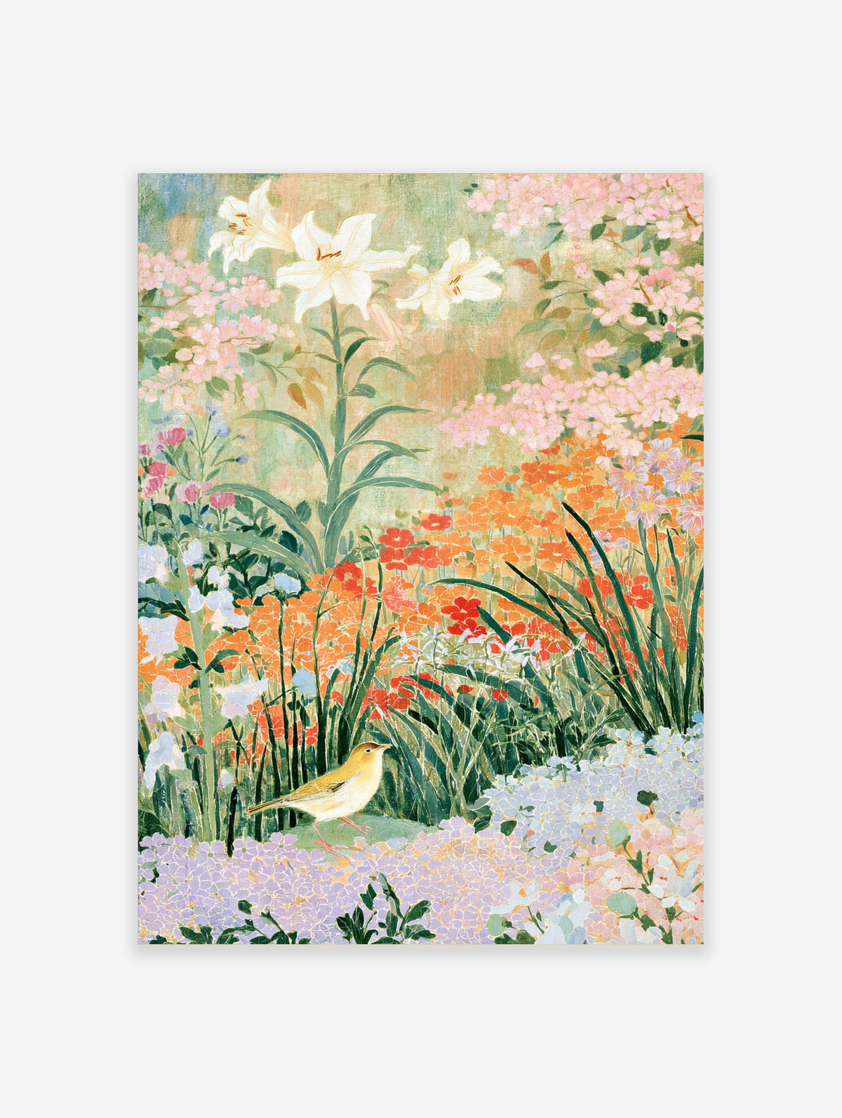 Yellow bird among white lilies and purple hydrangeas in a botanical garden art print