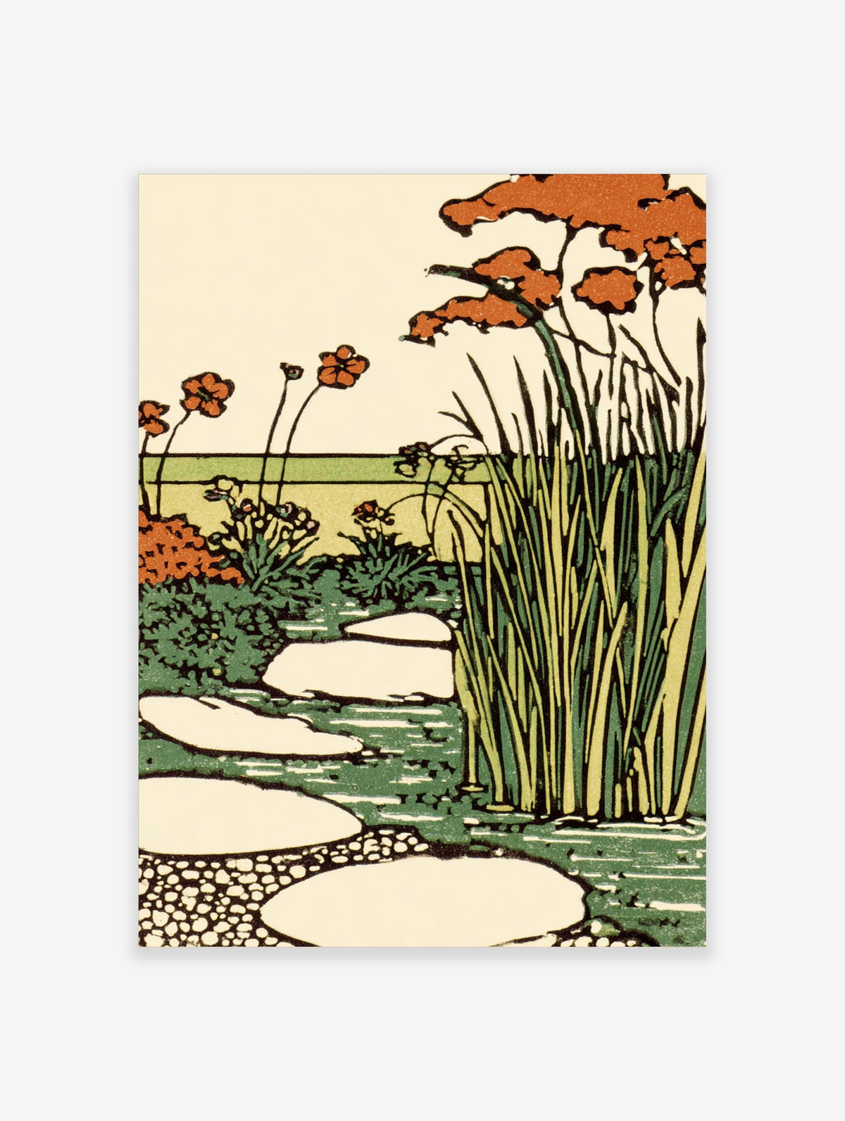 Botanical garden path illustration with orange flowers, green reeds, and stepping stones