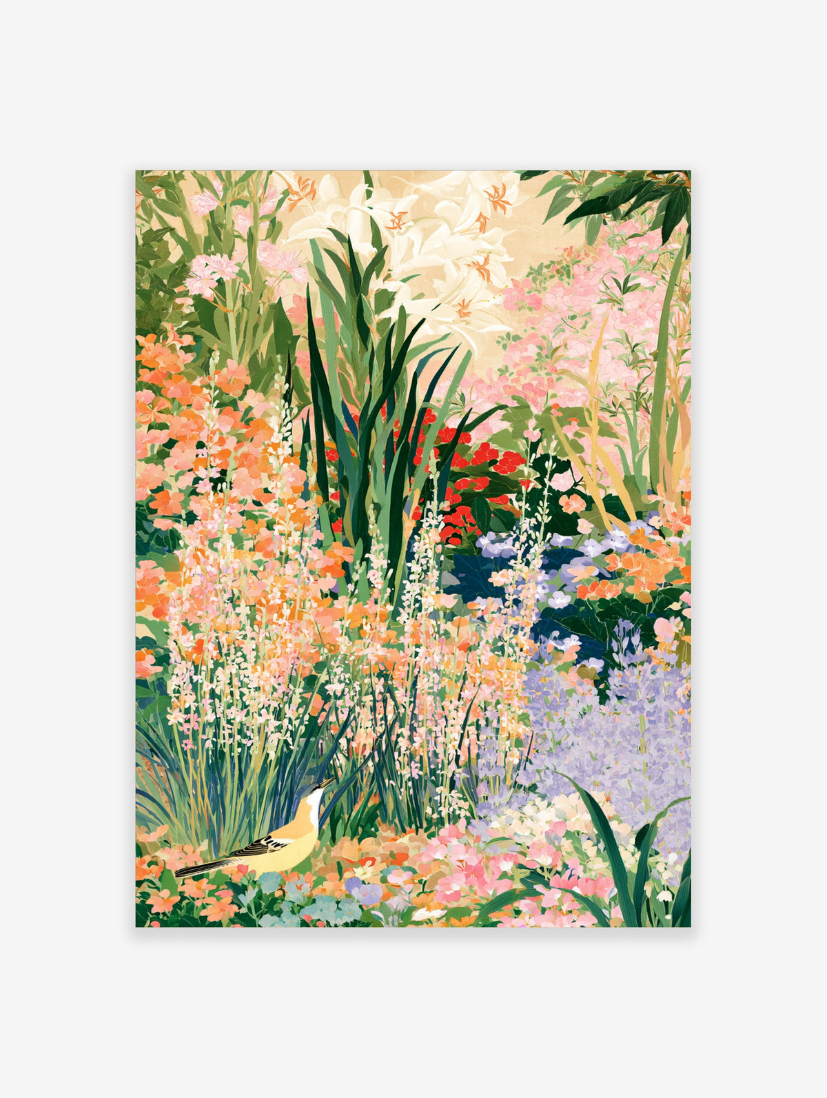 Colourful botanical garden print with white lilies, orange and pink flowers, and a yellow bird among green leaves