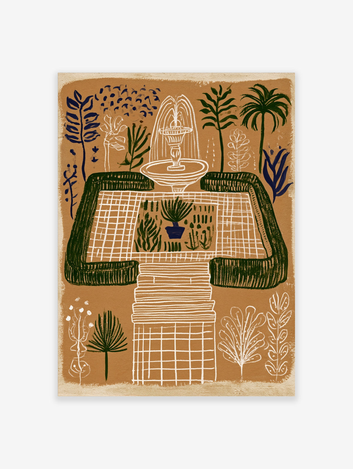 Botanical garden art print with courtyard fountain, green hedges, potted plants, and white linework on tan background