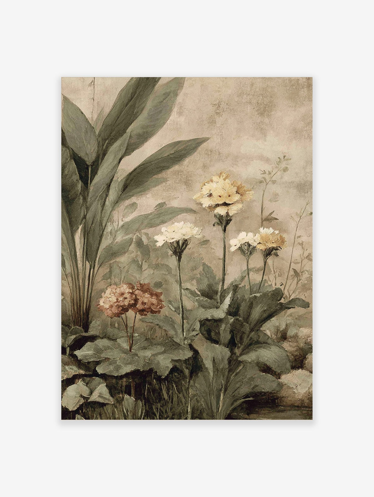 Botanical garden art print with large green leaves, yellow and muted pink flowers, on a distressed beige background