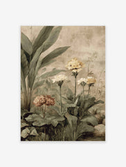 Botanical garden art print with large green leaves, yellow and muted pink flowers, on a distressed beige background