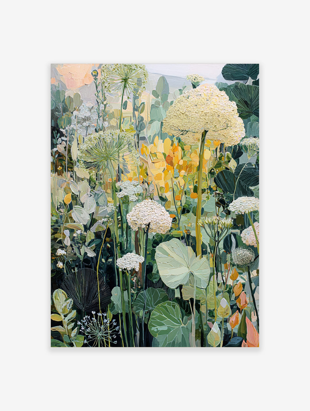 Painterly botanical garden art print with white flowers, green leaves, and yellow accents