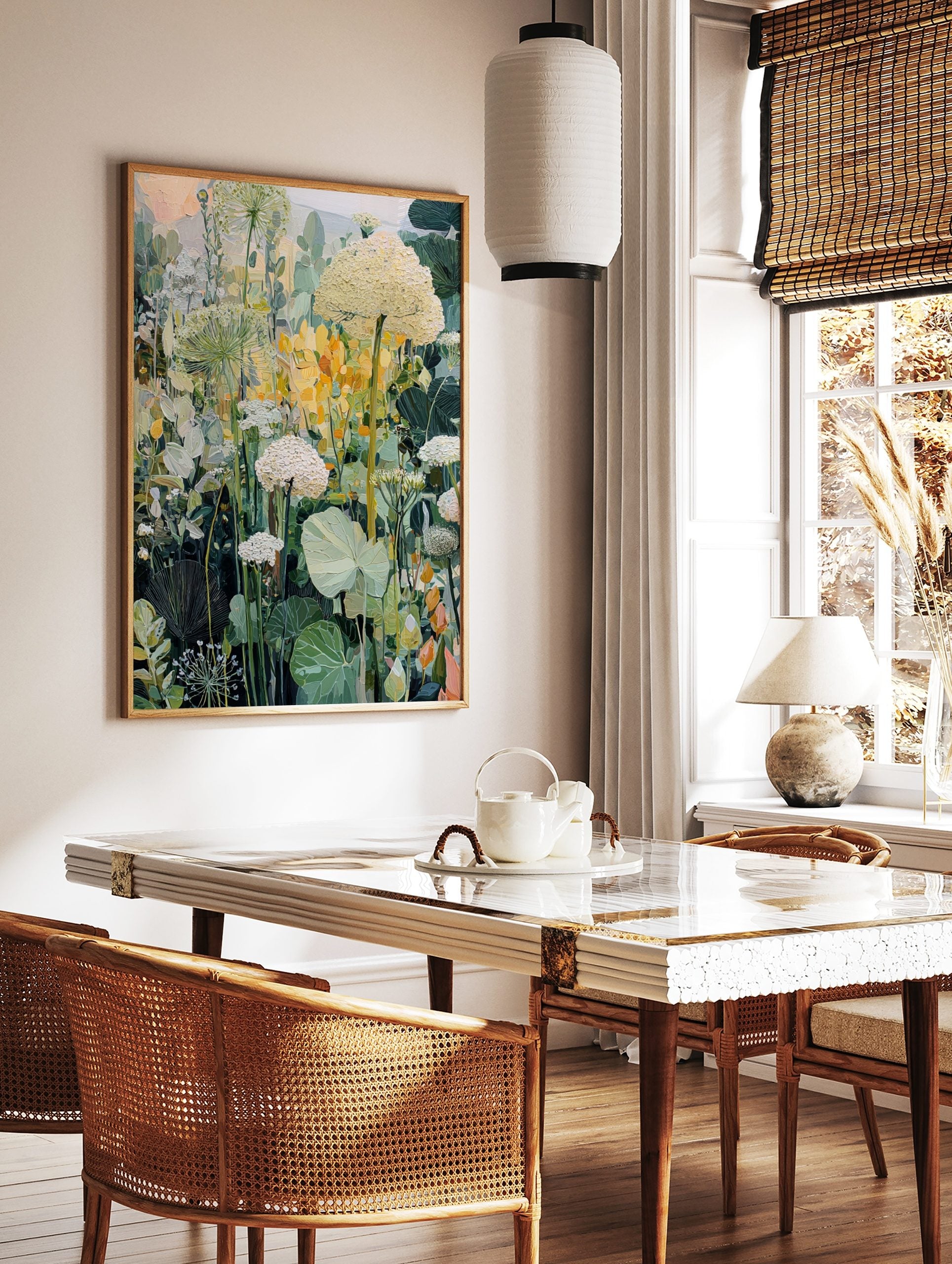 Painterly botanical garden art print with white flowers, green leaves, and yellow accents, in a styled room mockup