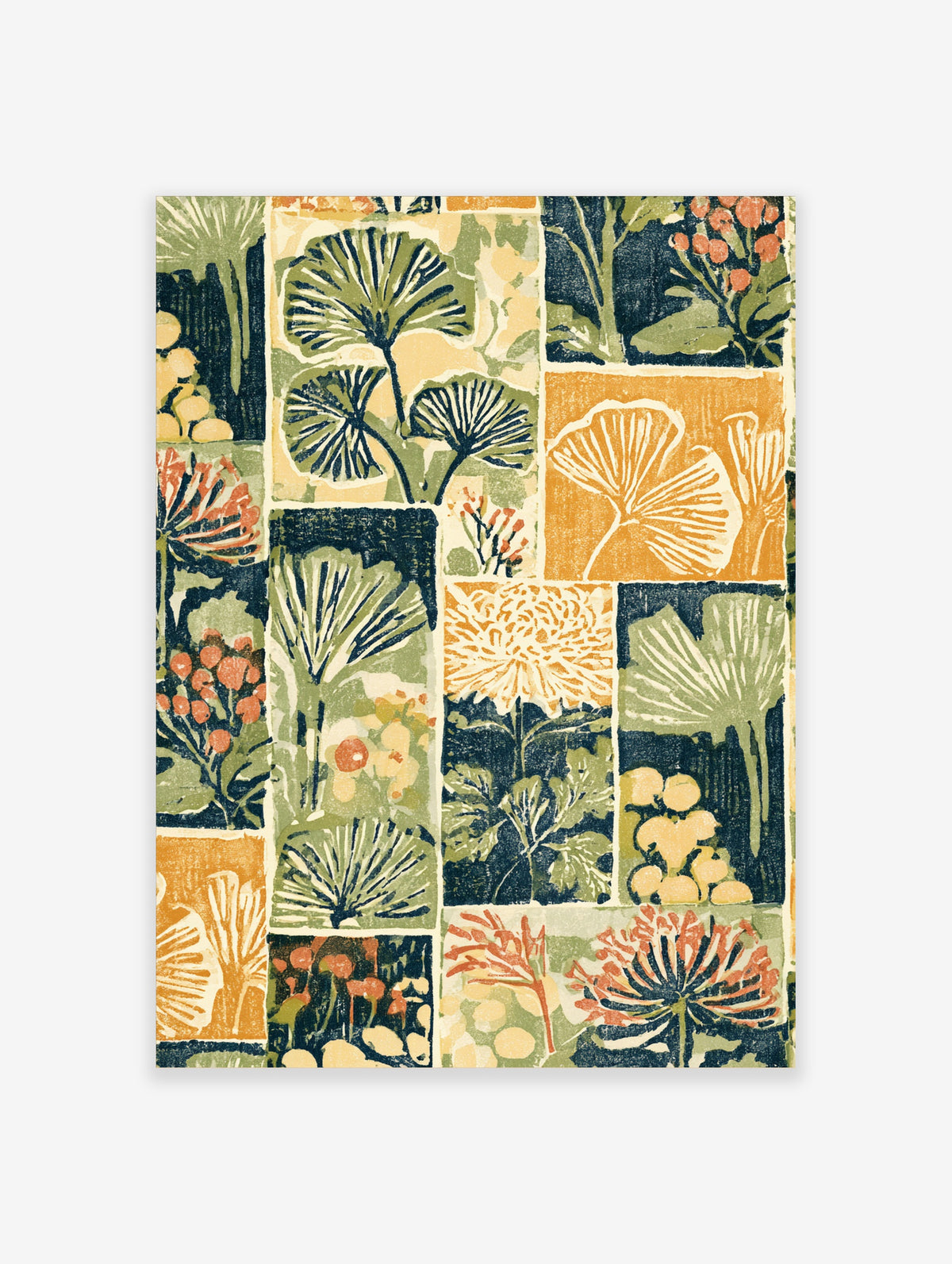 Botanical block print poster with green ginkgo leaves and orange florals in a patchwork grid