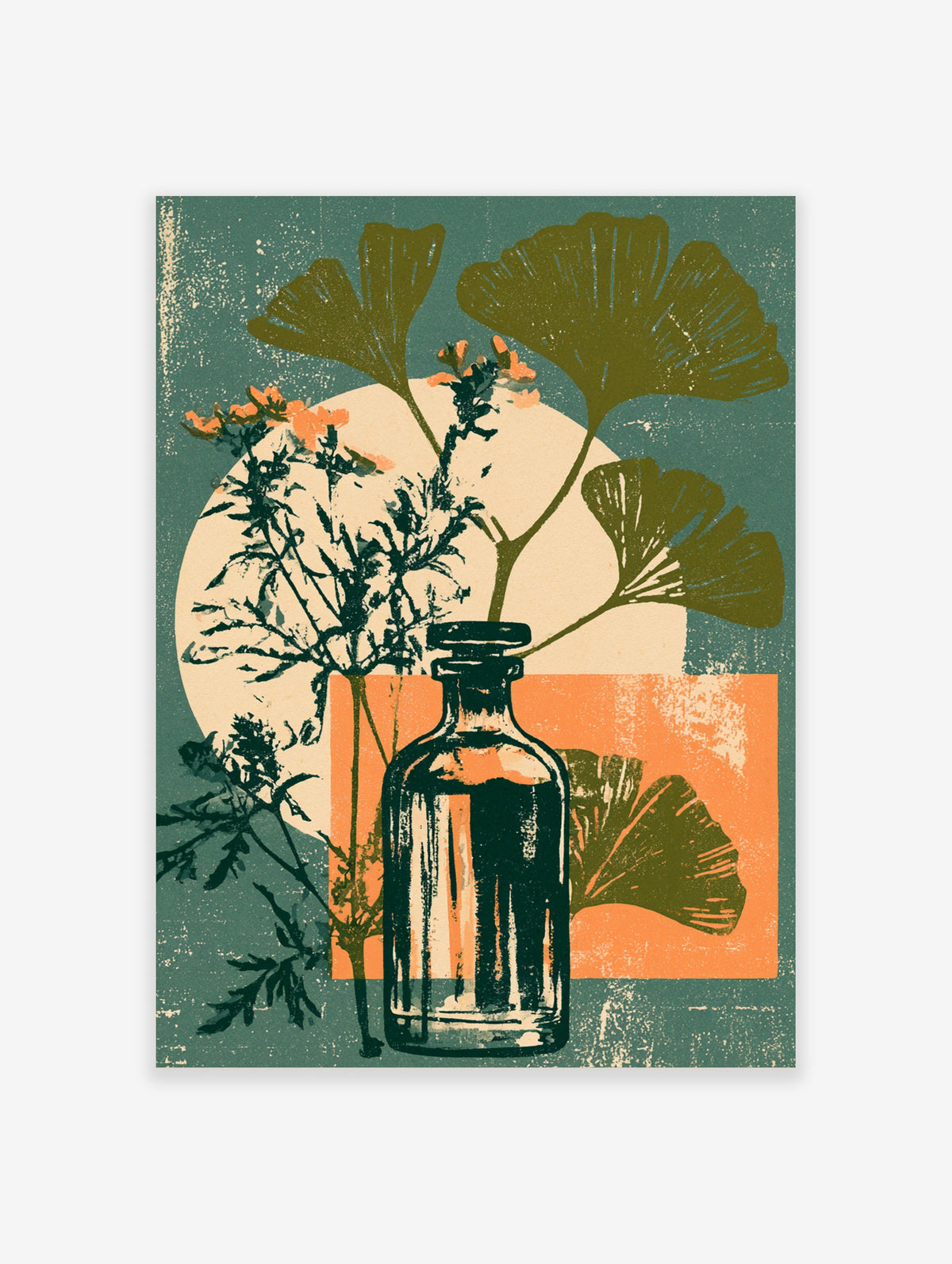 Botanical glass bottle poster with ginkgo leaves and orange flowers on teal background