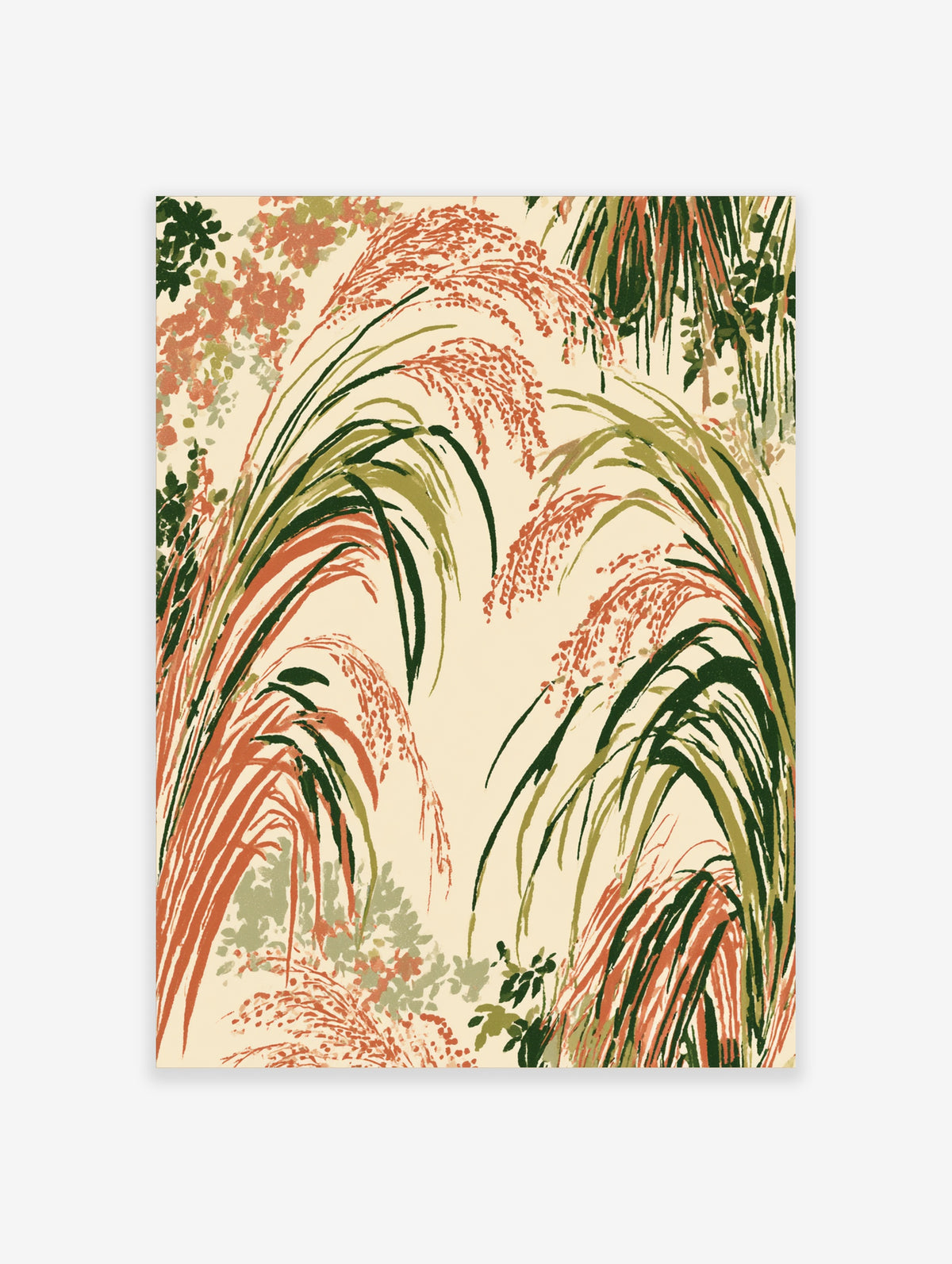 Botanical grass art print with green and orange leaves on cream background