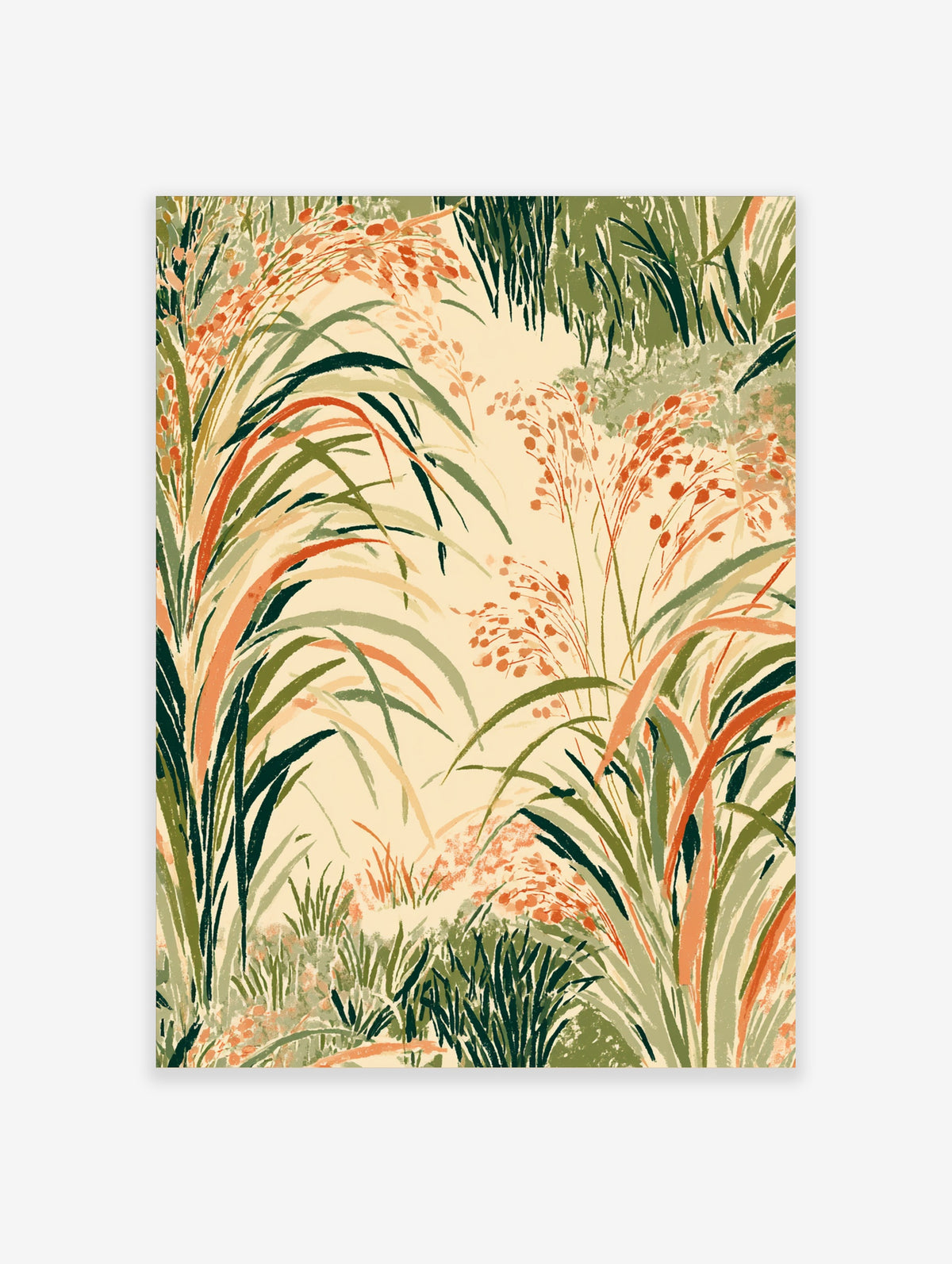 Botanical grass art print with green blades and orange seed heads on cream background