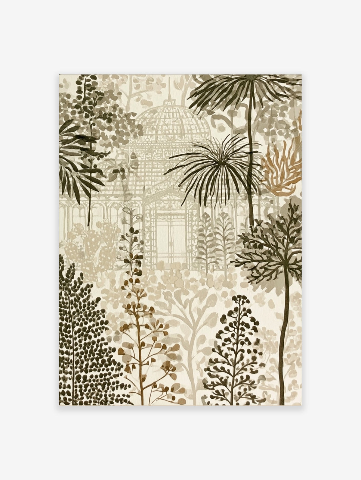 Botanical greenhouse art print with palm fronds and leafy branches in beige and olive tones